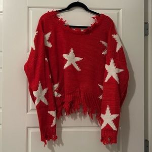 Star Print Sweater with Fringed Hem